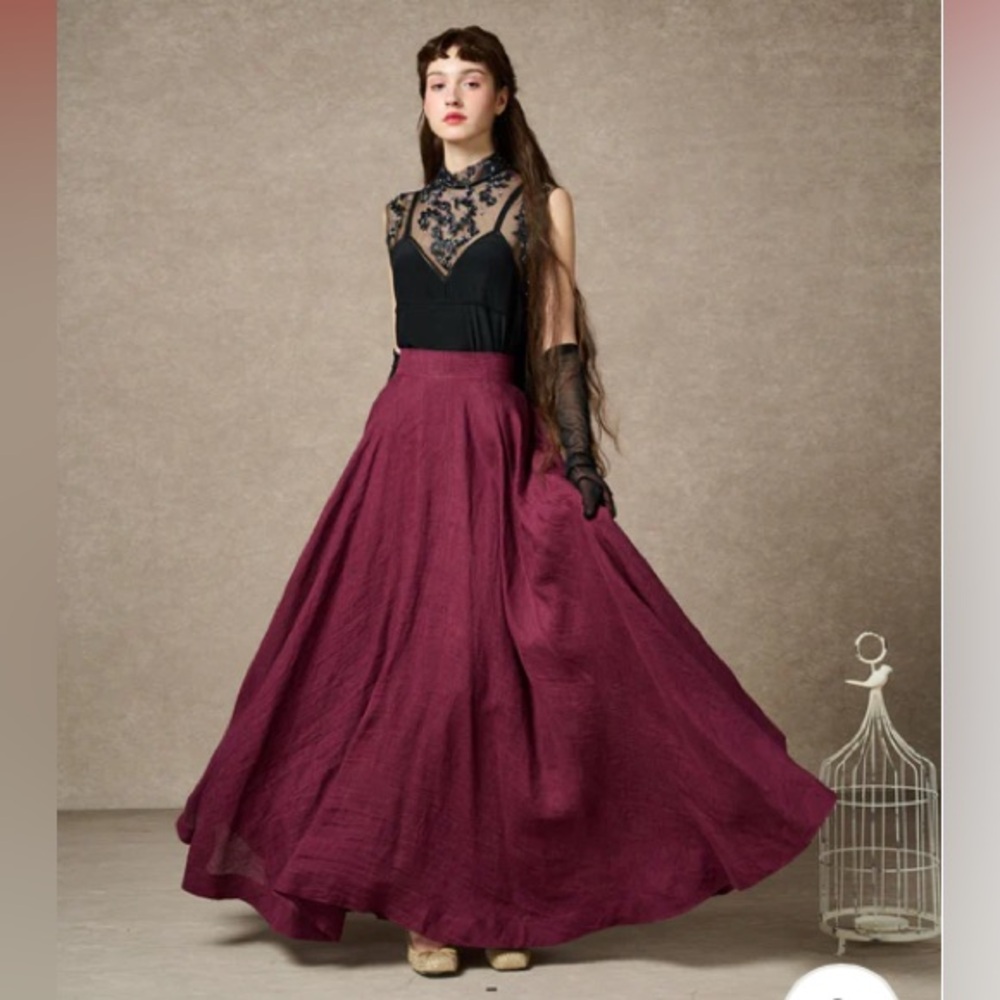 NEW XL Linnennaive Maxi Cherry 22 Skirt in Plum Purple. Linen. Lined. Pockets. - Picture 2 of 12